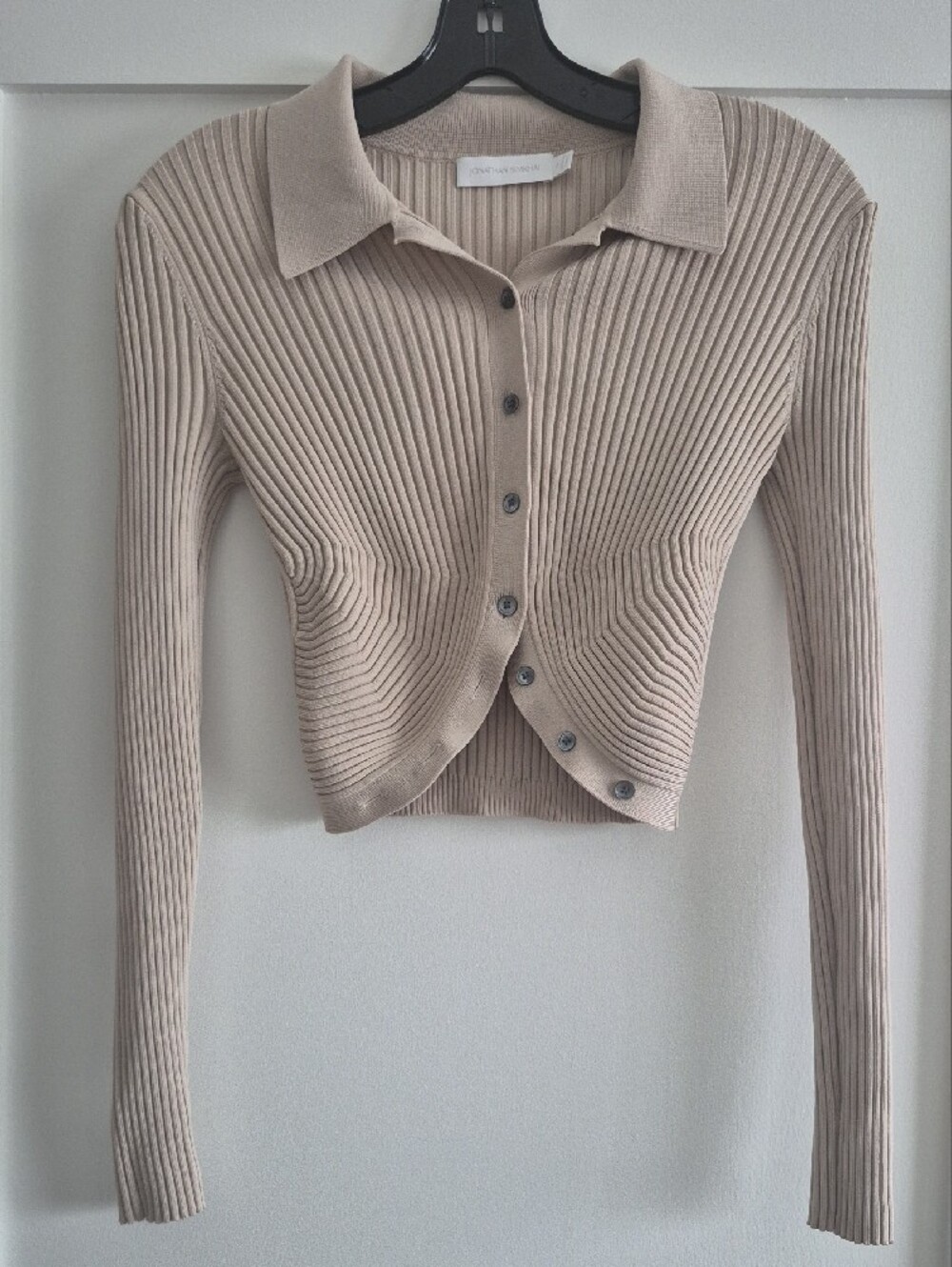 Simkhai Ribbed Collared Button-Front Beige Crop Sweater, Small - Picture 5 of 16